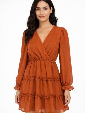 Altar’d State Swiss Dot Ruffle Mini Dress Rust Orange Sheer Long-Sleeve Tiered S